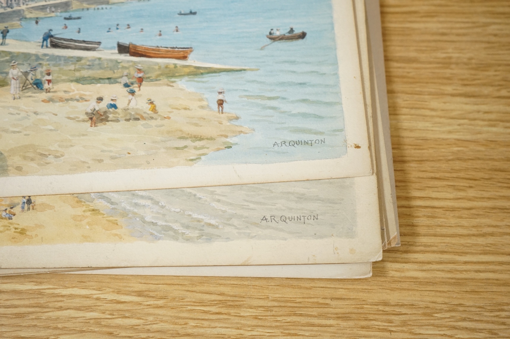 Alfred Robert Quinton (1853-1934), a set of six original watercolours for postcard designs to include St Mildred’s Bay, Westgate on Sea, On the Sands, Broadstairs and Ramsgate, each signed, unframed, 19 x 30cm